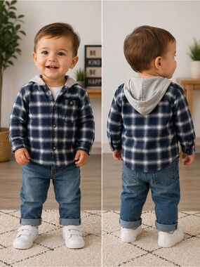 Carter’s Boys 18M Navy Blue Plaid Hooded Button-Up Shirt 100% Cotton